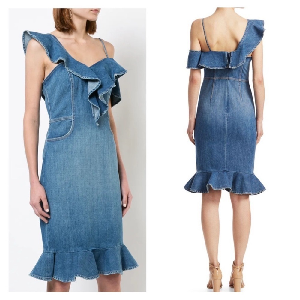 Jonathan Simkhai Denim One Shoulder Ruffle Midi Dress Blue 10